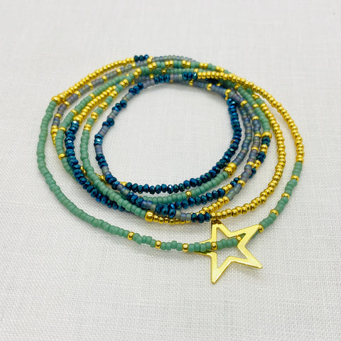 The Makery <br>Starstring necklace <br>BLUE, AQUA & GOLD