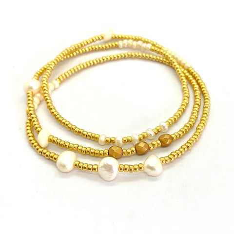 The Makery <br> Beaded triple wrap bracelet <br> GOLD & PEARLS