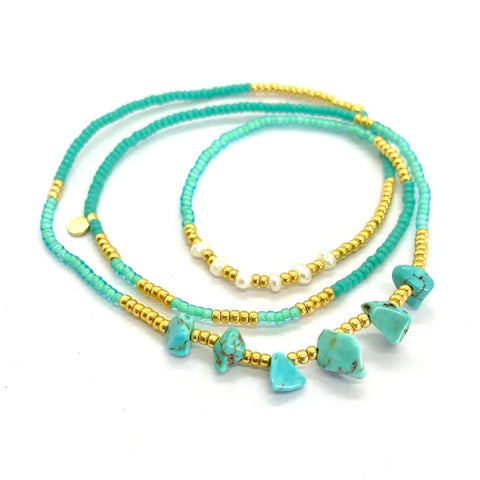 The Makery <br> Beaded triple wrap bracelet <br> TURQUOISE CHIPS & SEED PEARLS