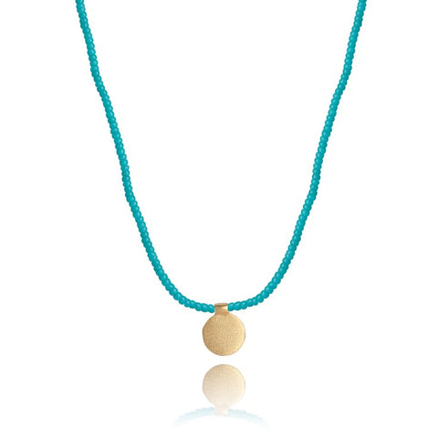 The Makery <br> Short beaded necklace with brushed brass disc <br> TURQUOISE